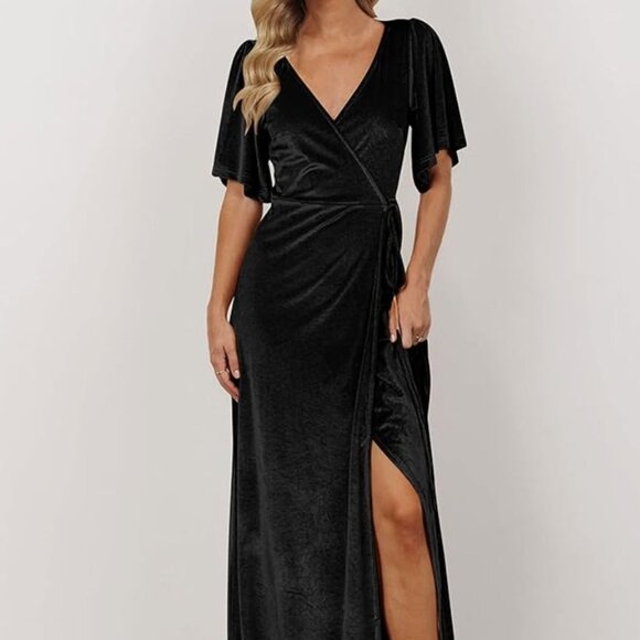 Women's V Neck Wrap Velvet Maxi Dress - Picture 1 of 3